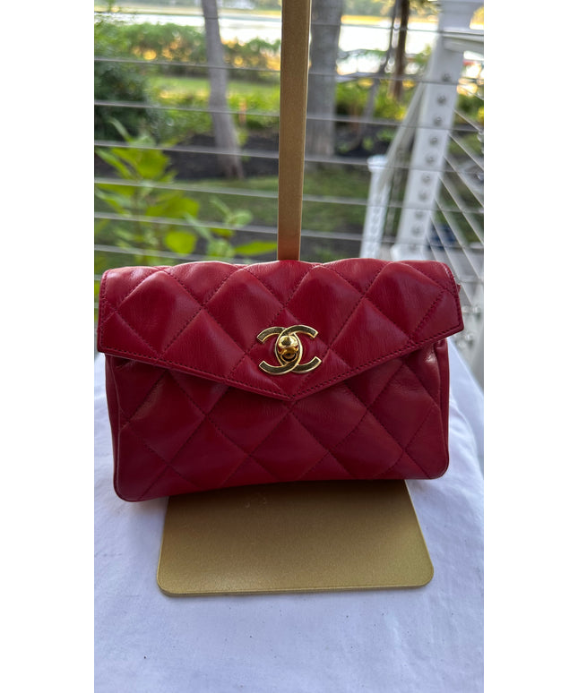 SOLD!!  Chanel red calf skin quilted turn lock belt bag pouch with removable crossbody chain