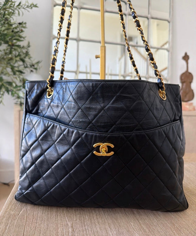 Chanel Large Chain Turn-Lock Tote – Black Quilted Leather