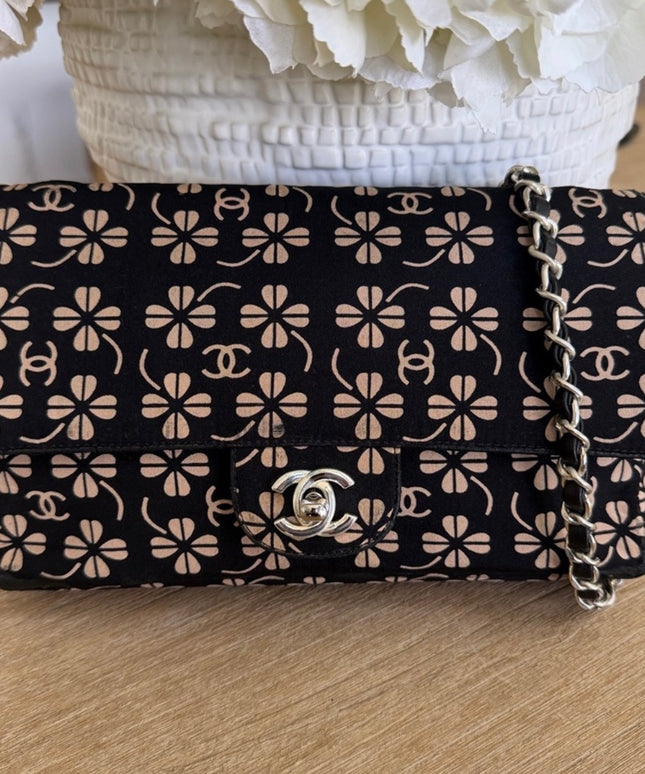 Chanel Black Canvas Flap Bag with Floral CC Motif