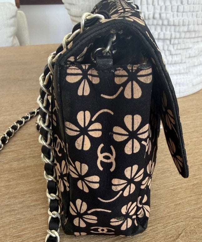 Chanel Black Canvas Flap Bag with Floral CC Motif