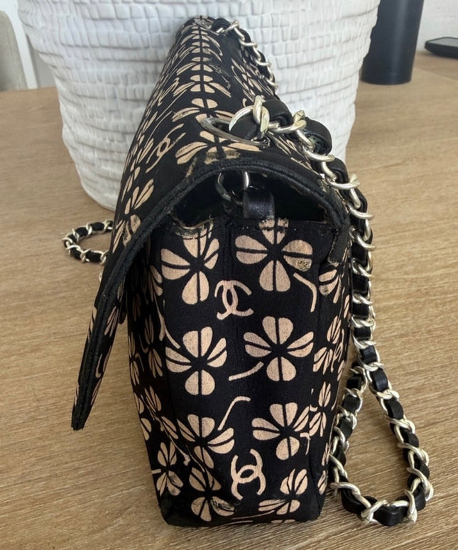 Chanel Black Canvas Flap Bag with Floral CC Motif