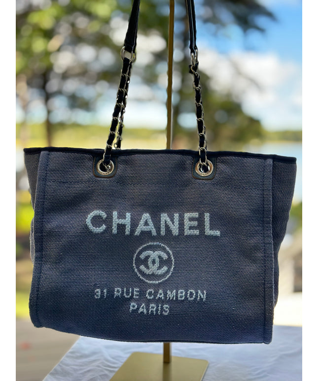 Authentic chanel deauville blue denim embroidered totE