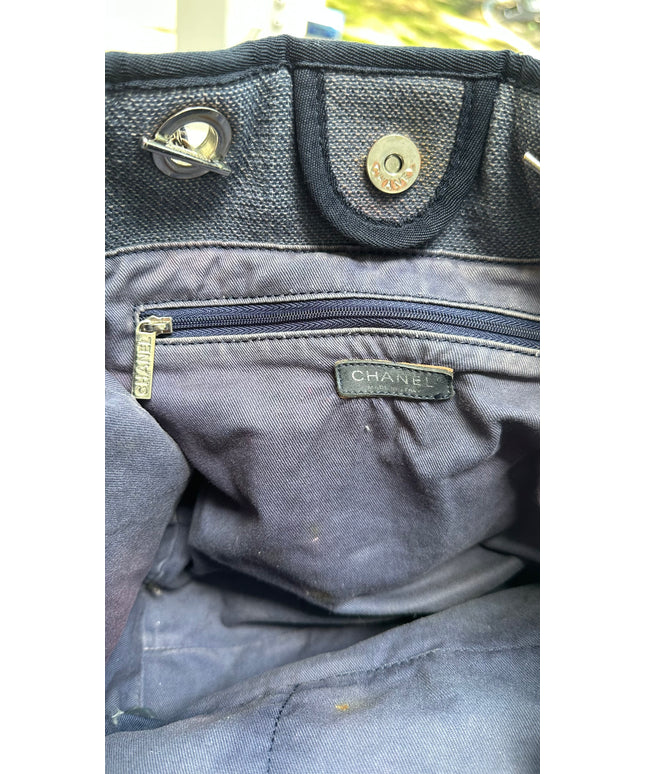 Authentic chanel deauville blue denim embroidered totE