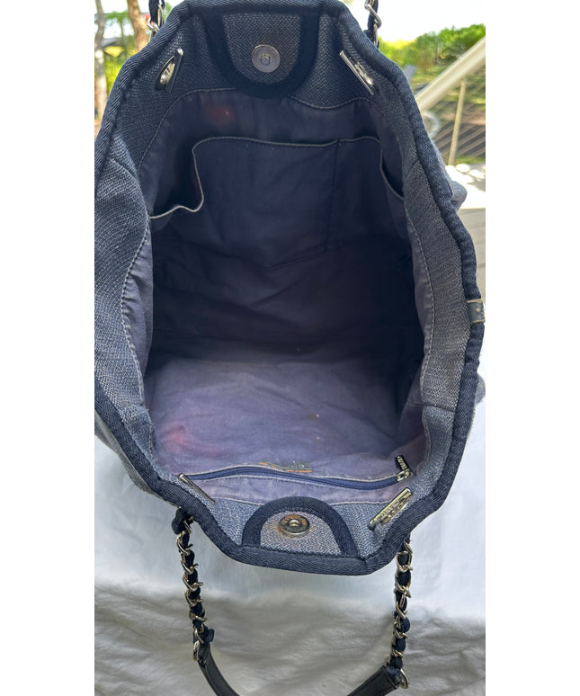 Authentic chanel deauville blue denim embroidered totE