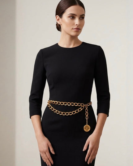 Gold chain belt with black leather