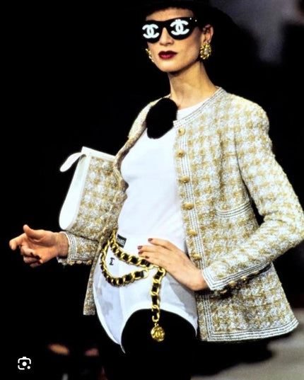Gold chain belt with black leather