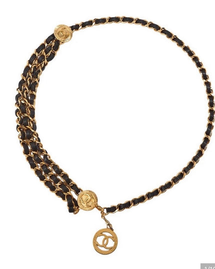 Gold chain belt with black leather