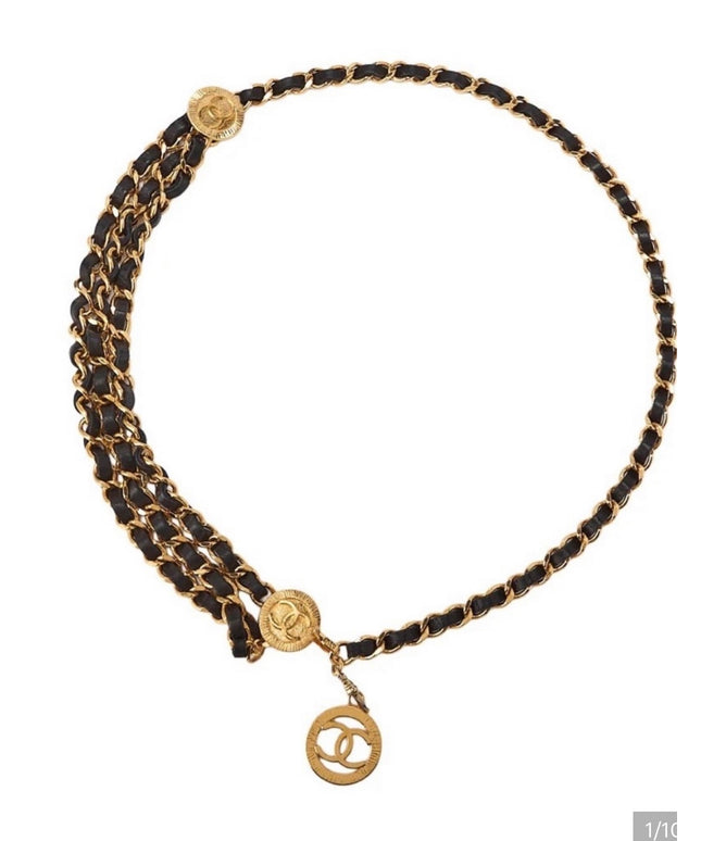 Gold chain belt with black leather