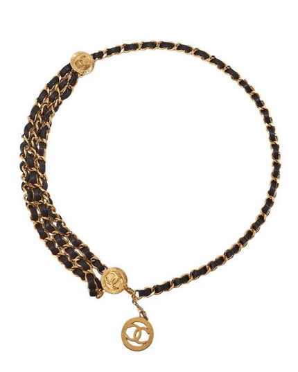 Gold chain belt with black leather