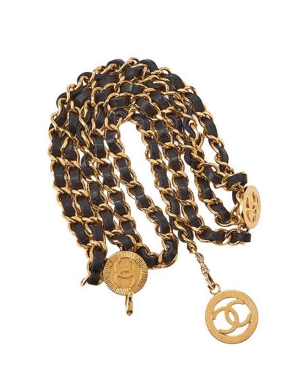 Gold chain belt with black leather