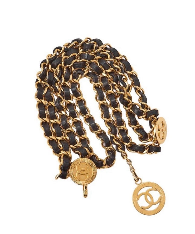 Gold chain belt with black leather