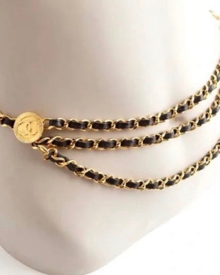 Gold chain belt with black leather