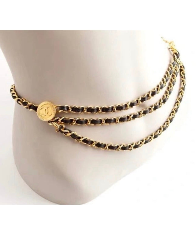 Gold chain belt with black leather