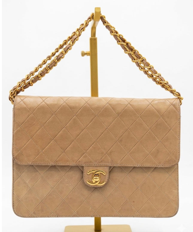 Chanel Quilted Flap Bag – Tan Leather with Turn Lock and Chain