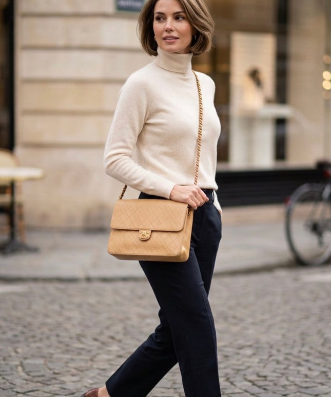 Chanel Quilted Flap Bag – Tan Leather with Turn Lock and Chain