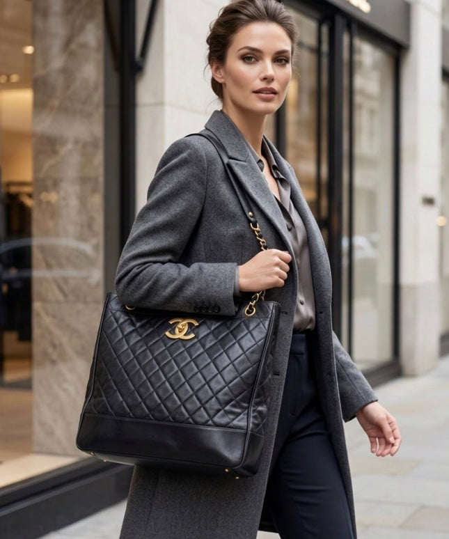 Chanel X-Large Chain Tote with Turn Lock – Black Quilted Leather