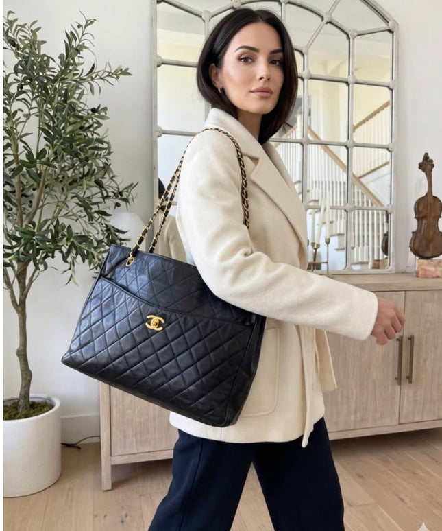 Chanel Large Chain Turn-Lock Tote – Black Quilted Leather