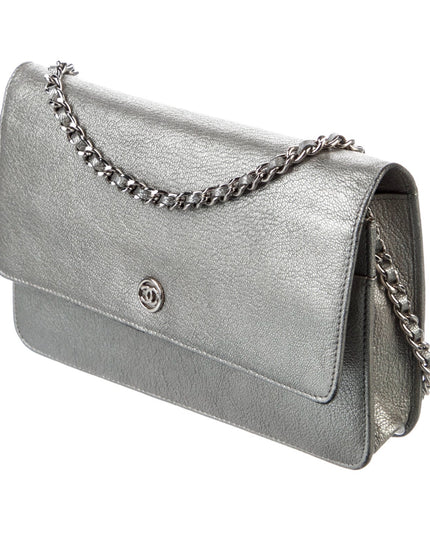 Chanel silver calfskin leather flap crossbody bag