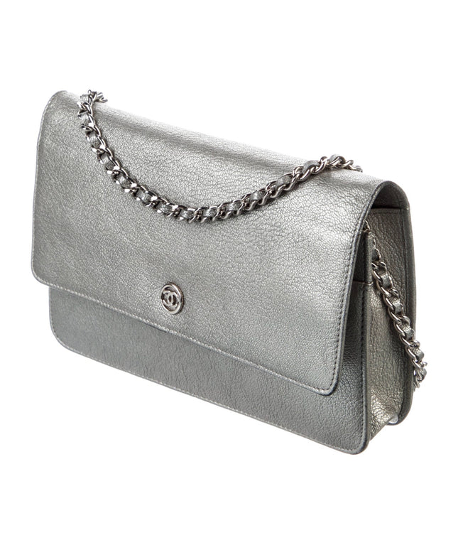 Chanel silver calfskin leather flap crossbody bag