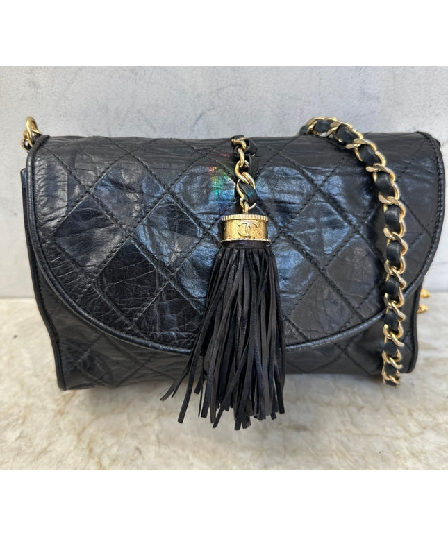 SOLD!! Authentic vintage Chanel black calfskin quilted flap chain tassel crossbody Bags