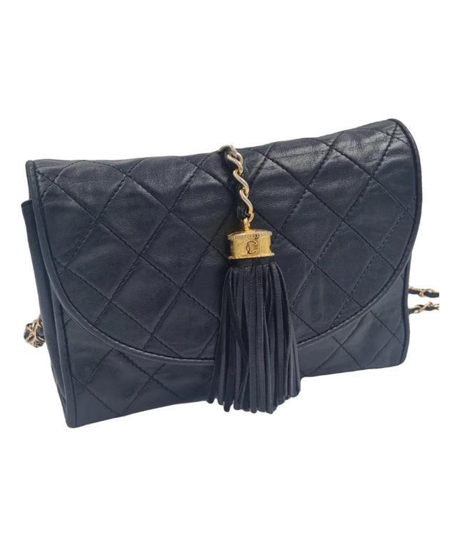 SOLD!! Authentic vintage Chanel black calfskin quilted flap chain tassel crossbody Bags
